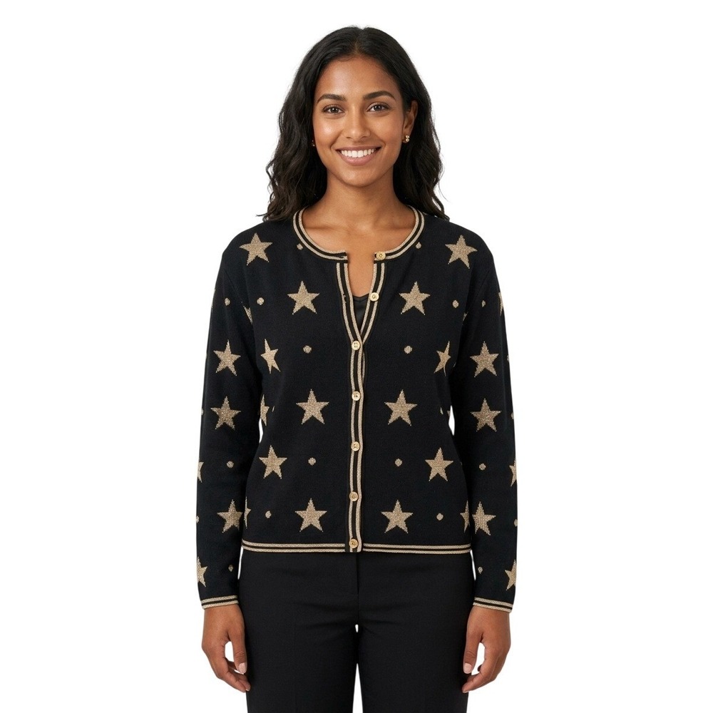 First Issue Sweater Women's Size Medium Black Gold‎ Metallic Stars  Cardigan Y2K